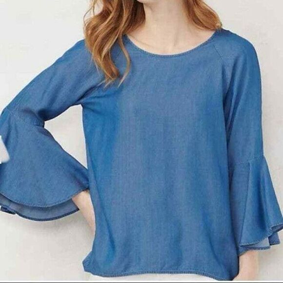 LC Lauren Conrad Chambray Bell Sleeve and Split Back Blouse Top - Picture 2 of 7